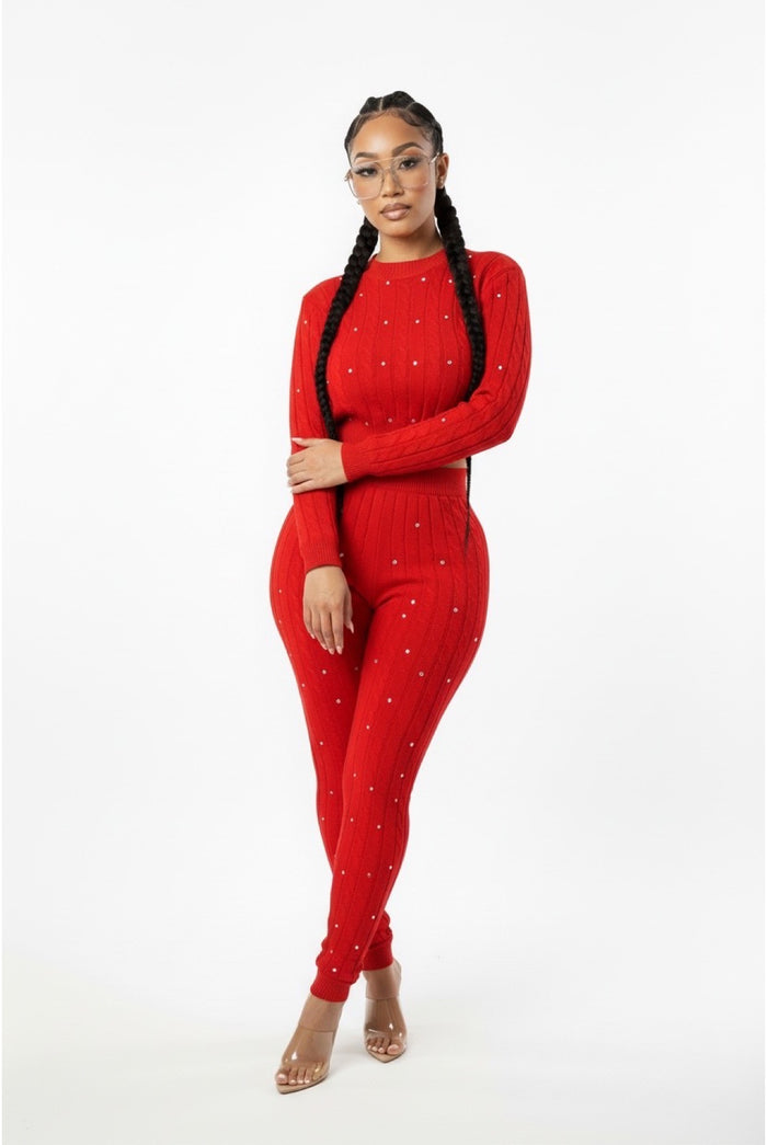 Just One Of Those Days - Knit Rhinestone Detail Sweater Pants Set