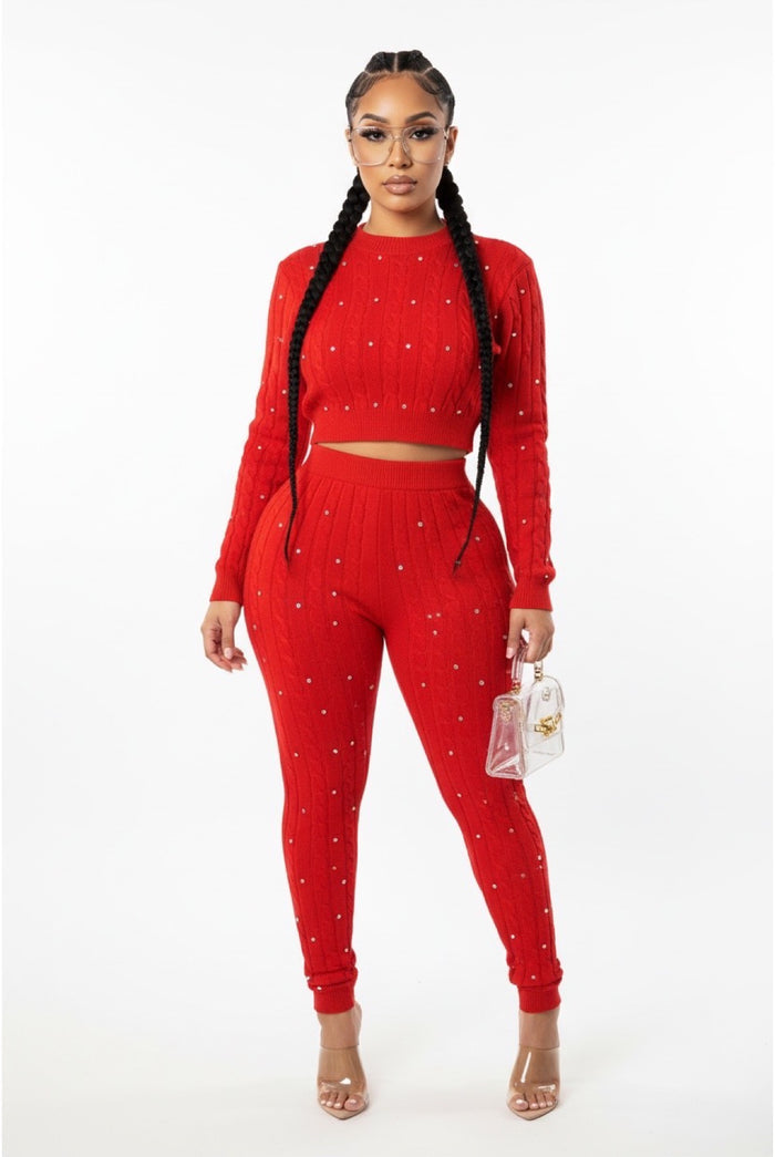 Just One Of Those Days - Knit Rhinestone Detail Sweater Pants Set