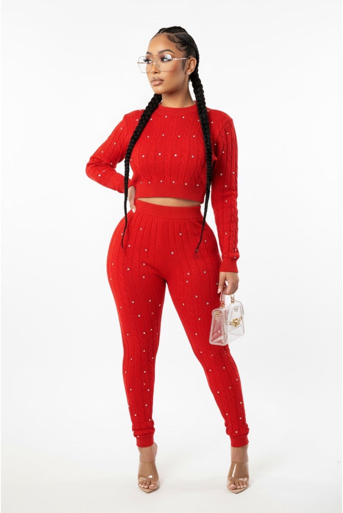 Just One Of Those Days - Knit Rhinestone Detail Sweater Pants Set