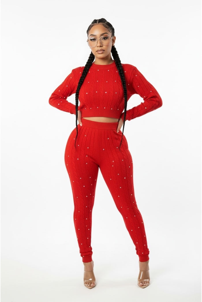 Just One Of Those Days - Knit Rhinestone Detail Sweater Pants Set