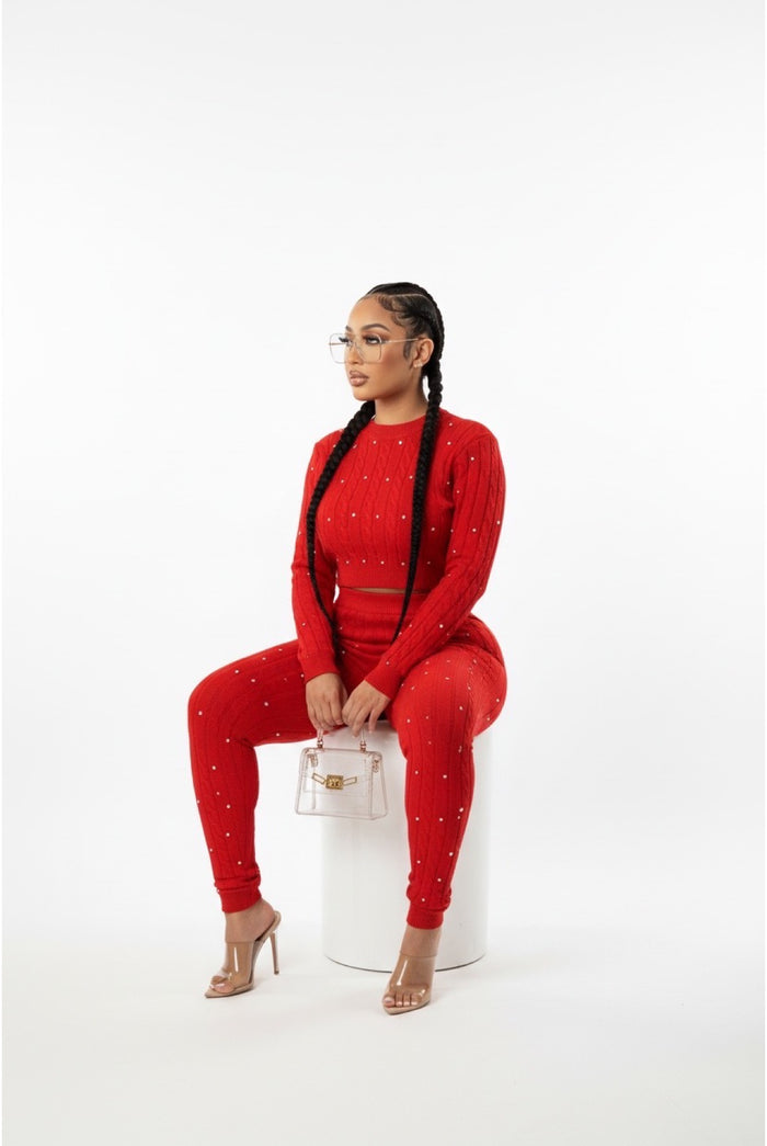 Just One Of Those Days - Knit Rhinestone Detail Sweater Pants Set