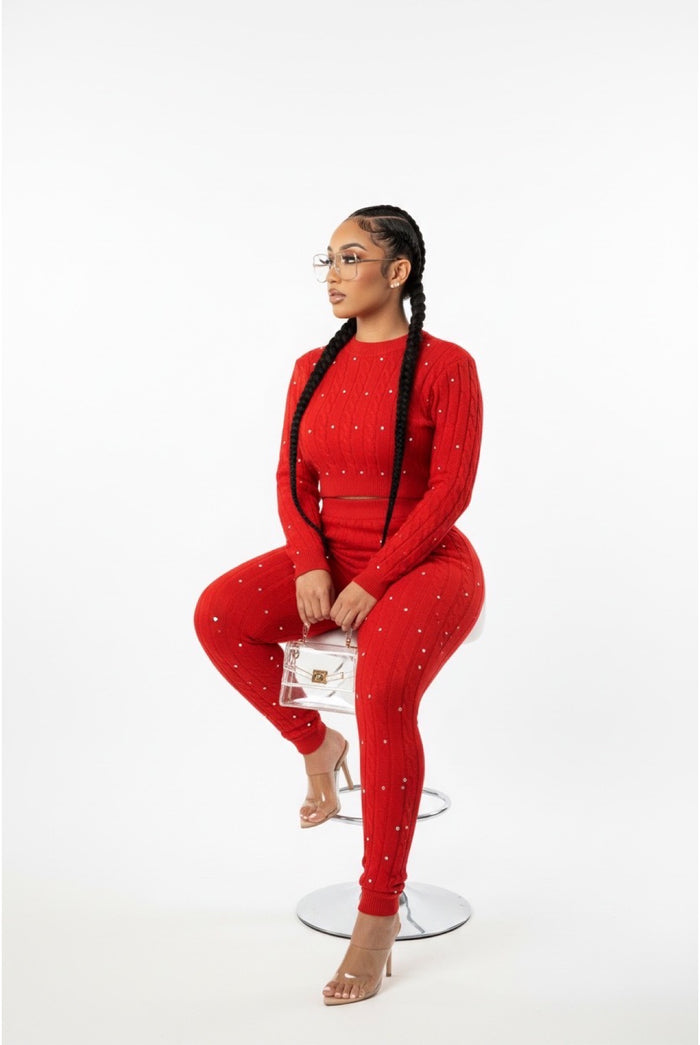 Just One Of Those Days - Knit Rhinestone Detail Sweater Pants Set