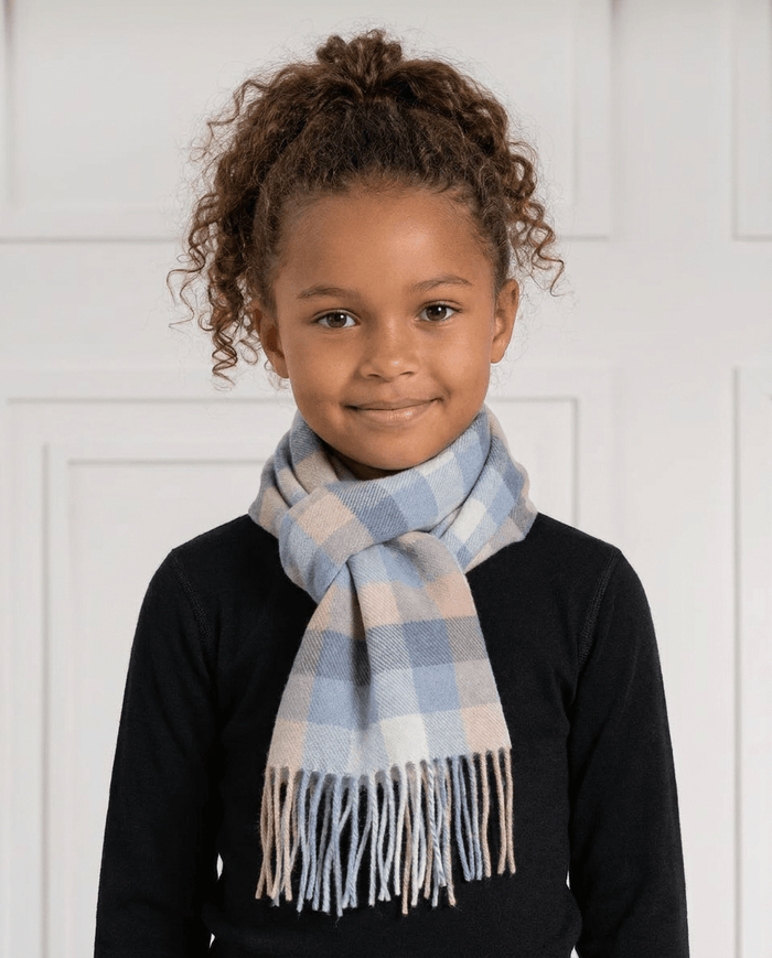 Kids' 100% Cashmere Scarf – Classic Five-Square Check - BLUE - Heritage Of Scotland -
