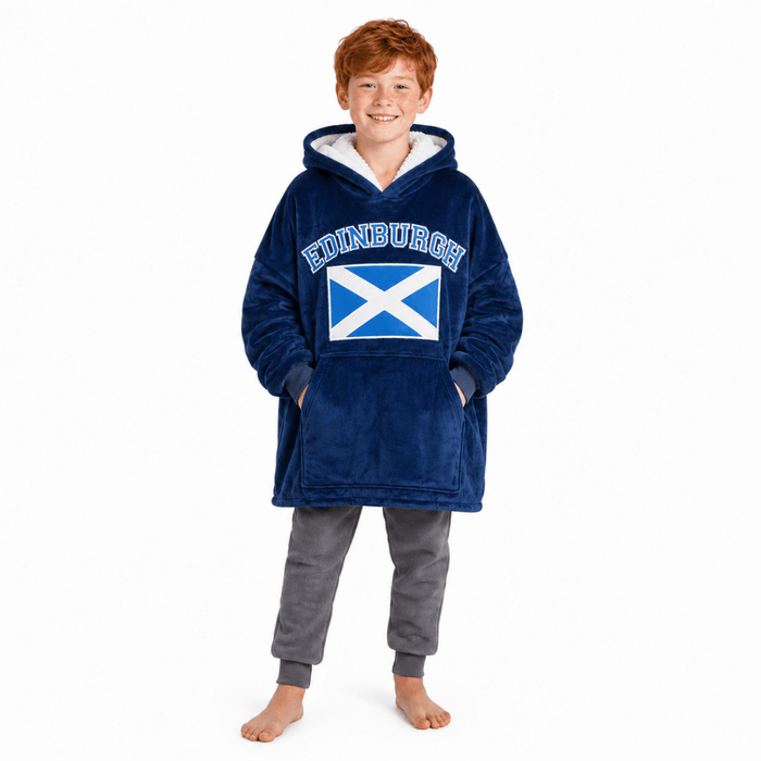 Kids Edinburgh Saltire Hoodie Blanket – Navy Cosy Oversized Fleece - Heritage Of Scotland -