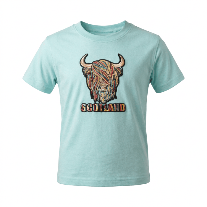 Kids Pastel Highland Cow T-Shirt - Aqua - Heritage Of Scotland - 0-1 YEARS