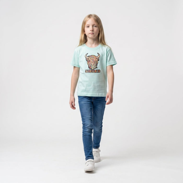 Kids Pastel Highland Cow T-Shirt - Aqua - Heritage Of Scotland - 0-1 YEARS