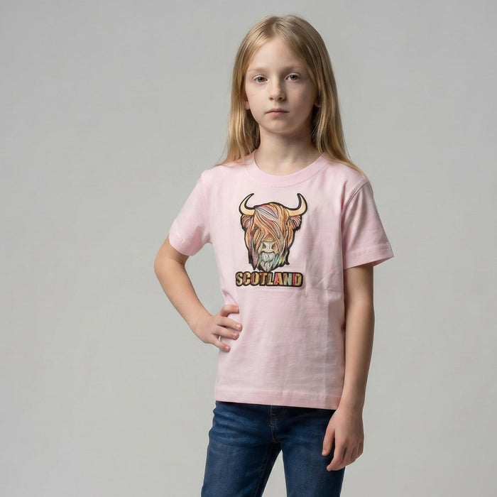 Kids Pastel Highland Cow T-Shirt Cherry Blossom Pink - Heritage Of Scotland - 0 - 1 YEARS