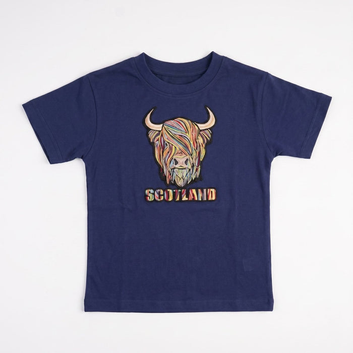 Kids Pastel Highland Cow T-Shirt Navy - Heritage Of Scotland - 0 - 1 YEARS