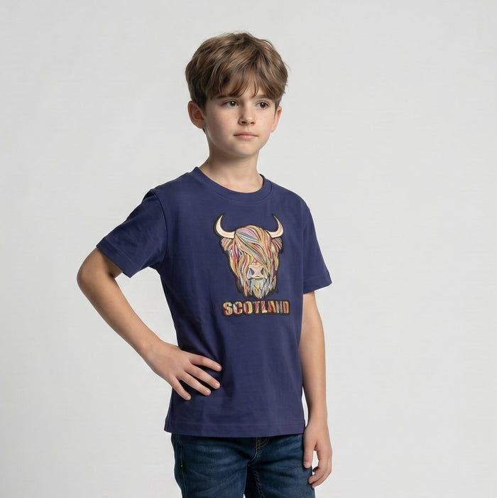 Kids Pastel Highland Cow T-Shirt Navy - Heritage Of Scotland - 0 - 1 YEARS