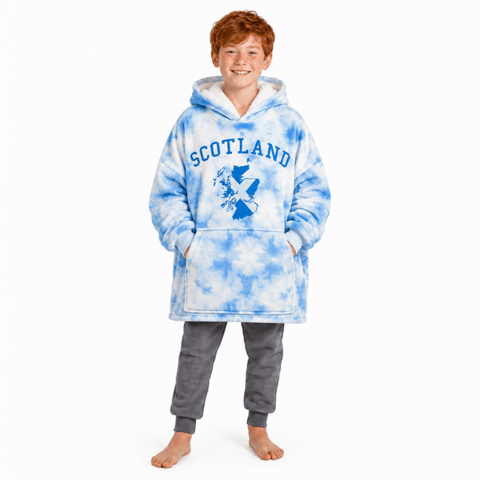 Kids Scotland Tie-Dye Hoodie Blanket – Blue Cosy Oversized Fleece - Heritage Of Scotland -