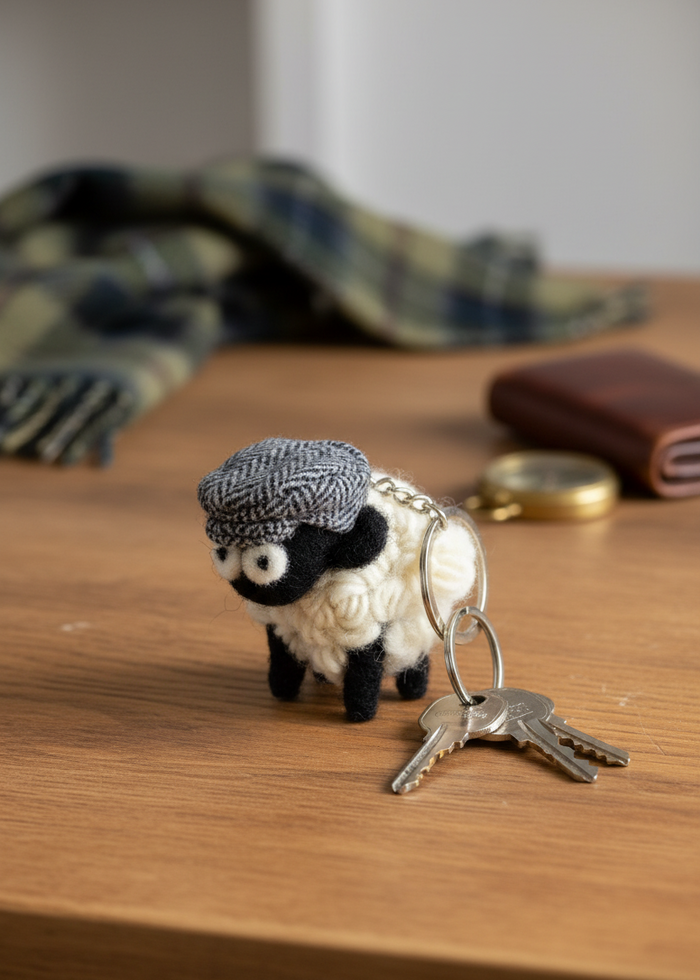 Knitted Wool Standing Sheep Keyring | Blue Tweed Flatcap