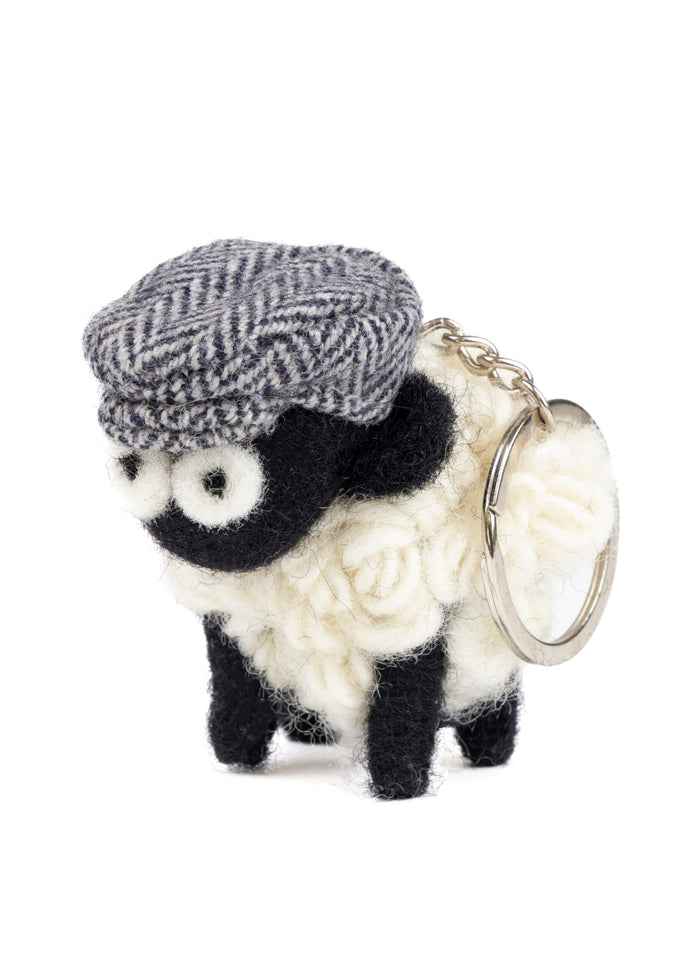 Knitted Wool Standing Sheep Keyring | Blue Tweed Flatcap