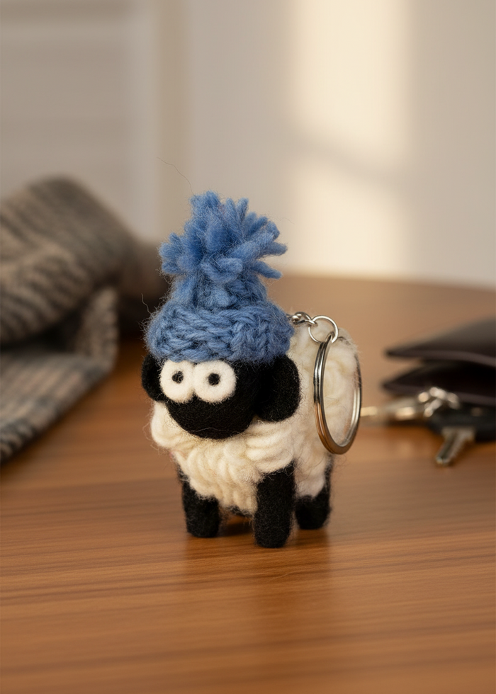 Knitted Wool Standing Sheep Keyring | Blue