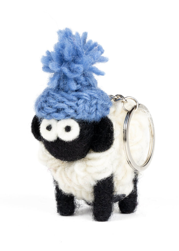 Knitted Wool Standing Sheep Keyring | Blue