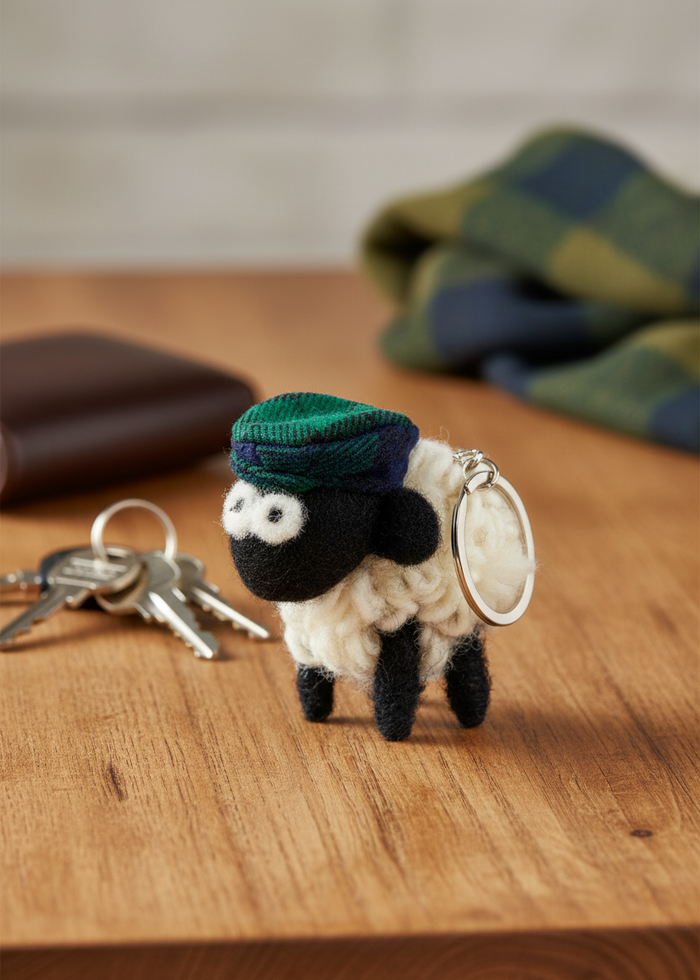 Knitted Wool Standing Sheep Keyring | Green Tartan Flatcap