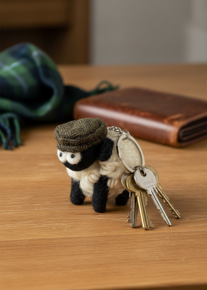 Knitted Wool Standing Sheep Keyring | Green Tweed Flatcap
