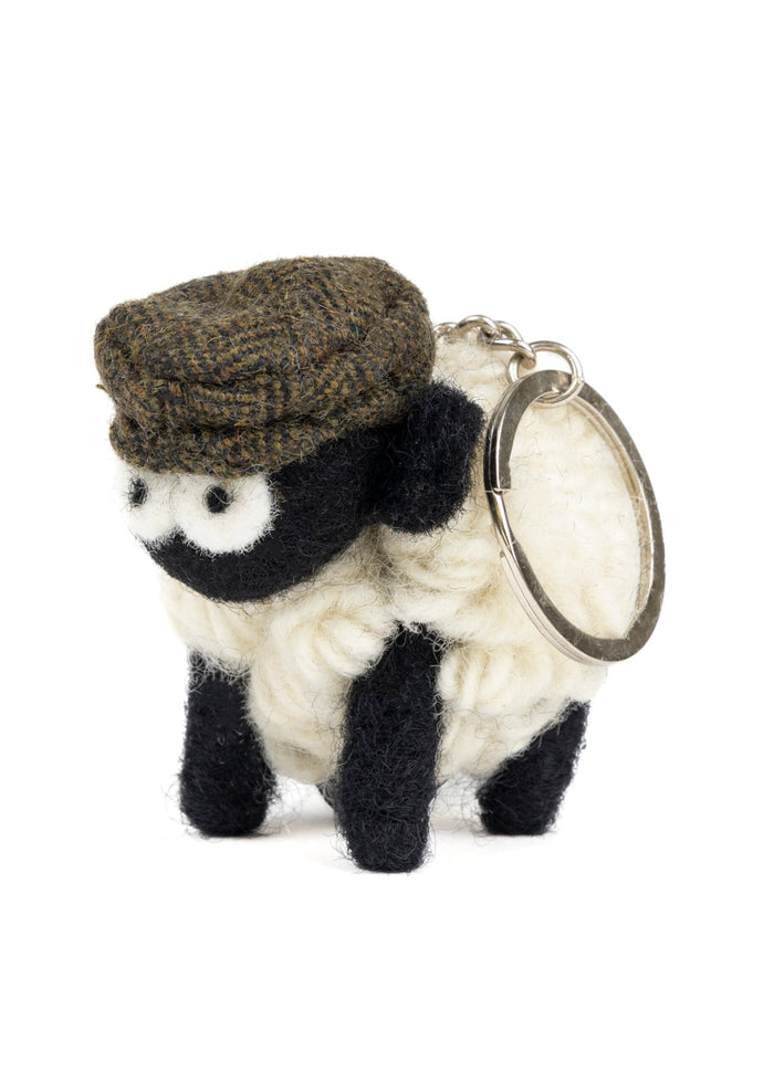 Knitted Wool Standing Sheep Keyring | Green Tweed Flatcap