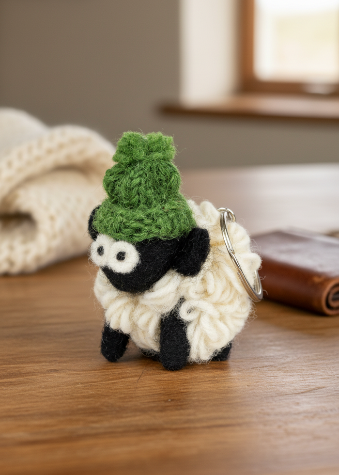 Knitted Wool Standing Sheep Keyring | Green