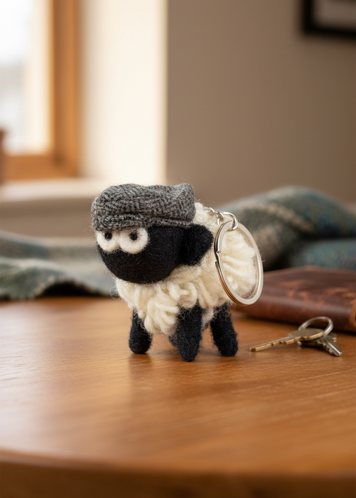 Knitted Wool Standing Sheep Keyring | Grey Tweed Flatcap