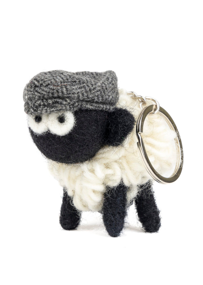 Knitted Wool Standing Sheep Keyring | Grey Tweed Flatcap