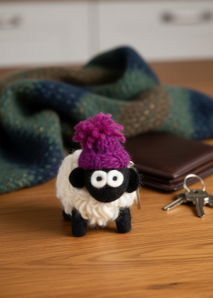 Knitted Wool Standing Sheep Keyring | Purple