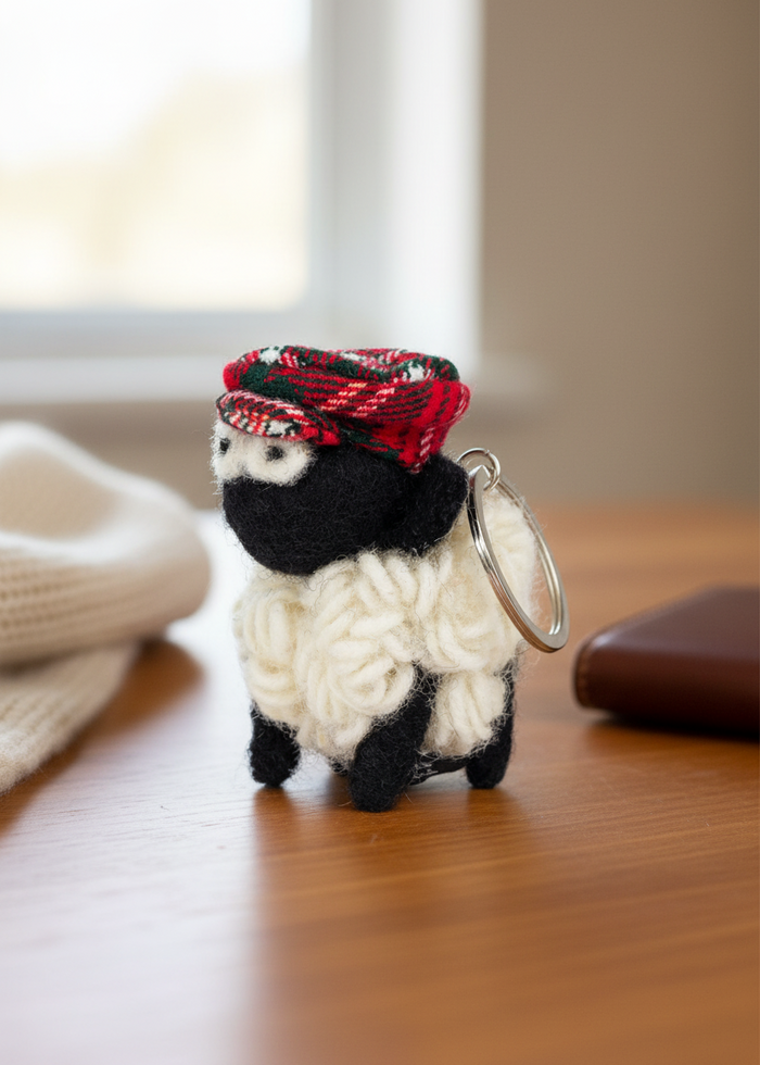Knitted Wool Standing Sheep Keyring | Red Tartan Flatcap
