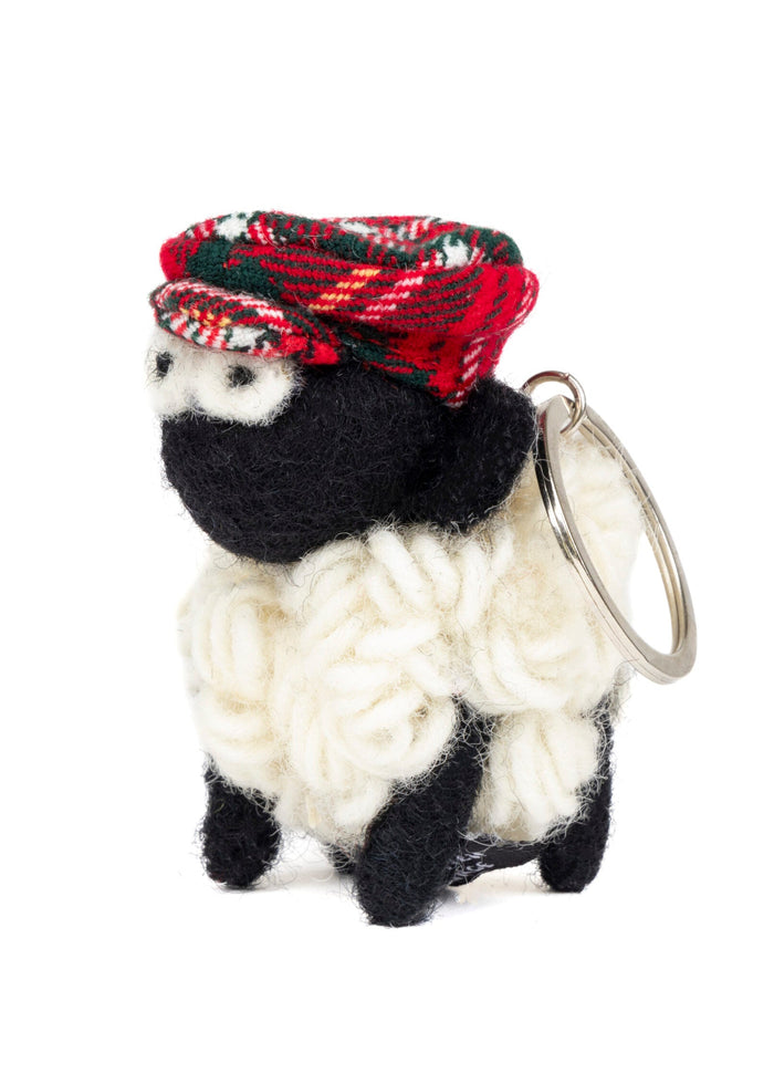 Knitted Wool Standing Sheep Keyring | Red Tartan Flatcap