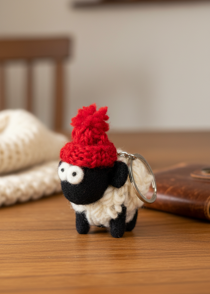 Knitted Wool Standing Sheep Keyring | Red