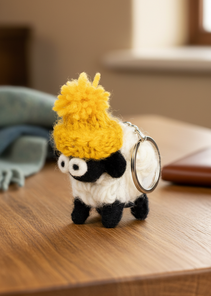 Knitted Wool Standing Sheep Keyring | Yellow