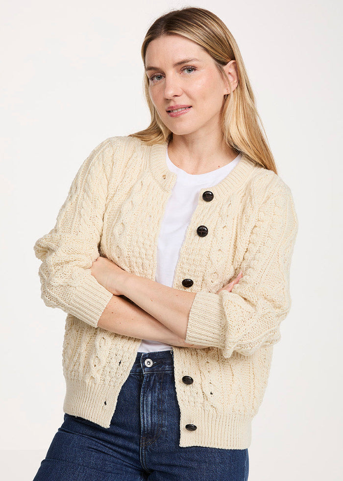 Ladies Aran Cardigan | 100% Wool | Natural