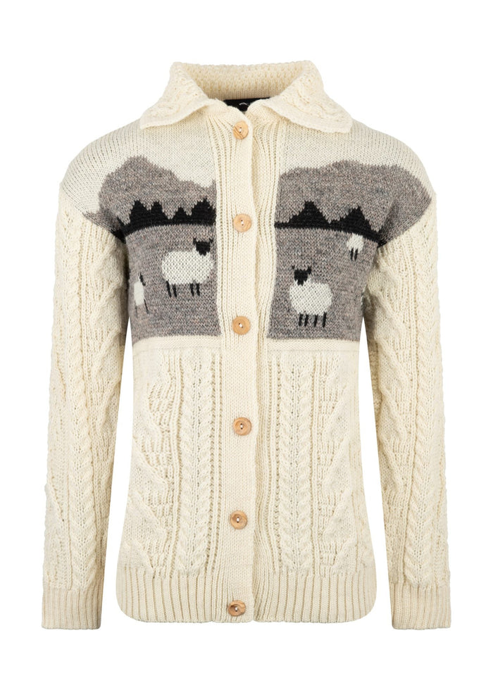 Ladies Aran Sheep Cardigan | 100% Wool | Natural