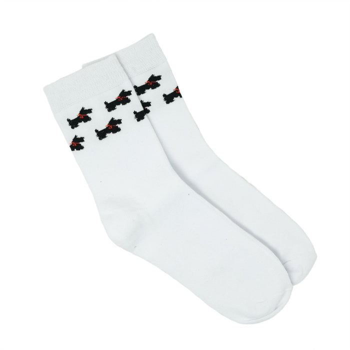 Ladies Cotton Scottie Dog Pattern White Crew Socks - Heritage Of Scotland -