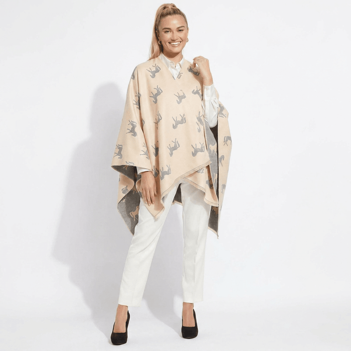 Ladies Cream Horse Print Reversible Wrap Cape - CREAM - Heritage Of Scotland -