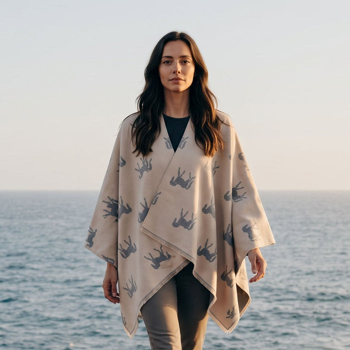 Ladies Cream Horse Print Reversible Wrap Cape - CREAM - Heritage Of Scotland -