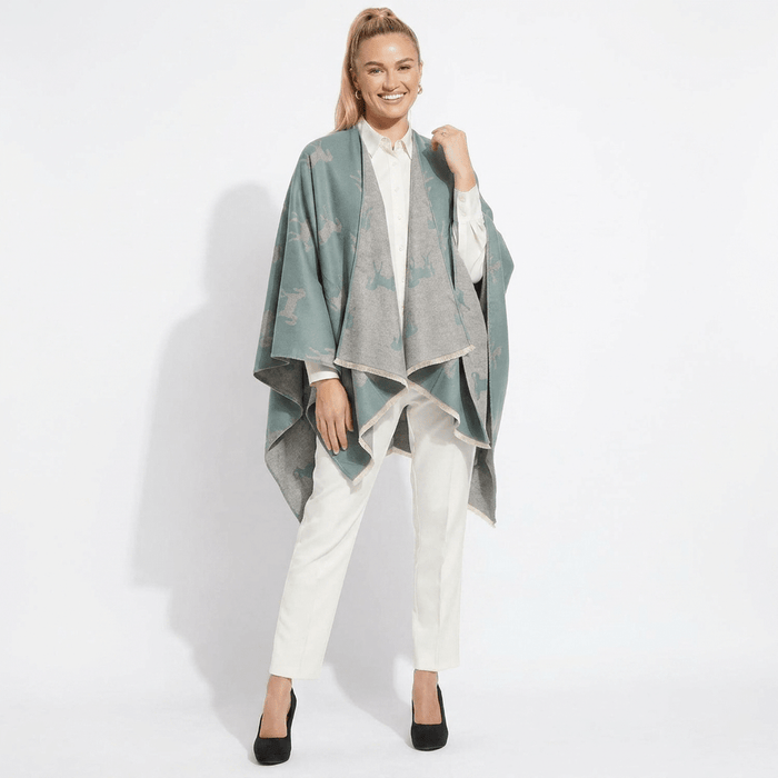 Ladies Green Horse Print Reversible Wrap Cape - GREEN - Heritage Of Scotland -