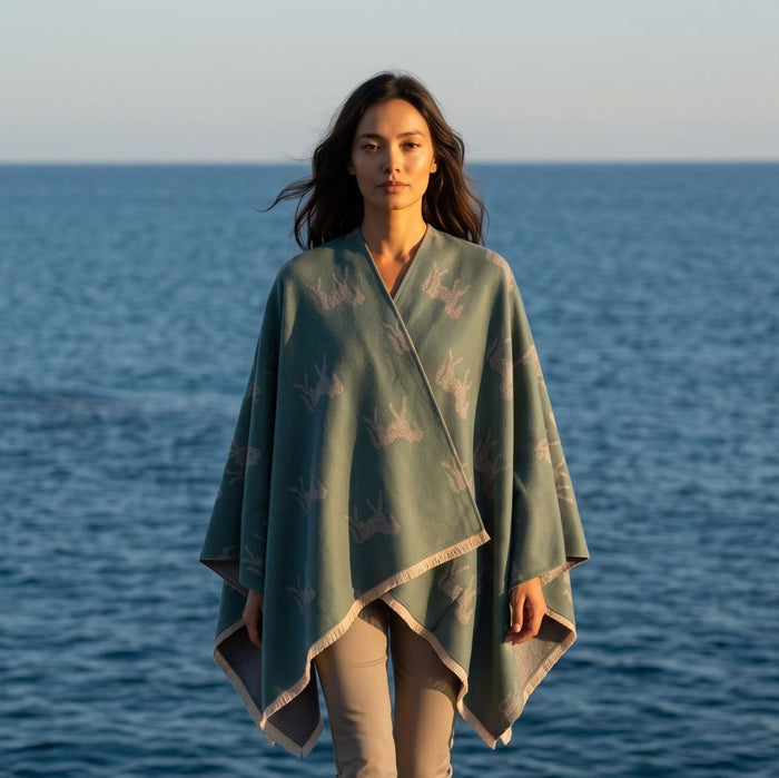 Ladies Green Horse Print Reversible Wrap Cape - GREEN - Heritage Of Scotland -