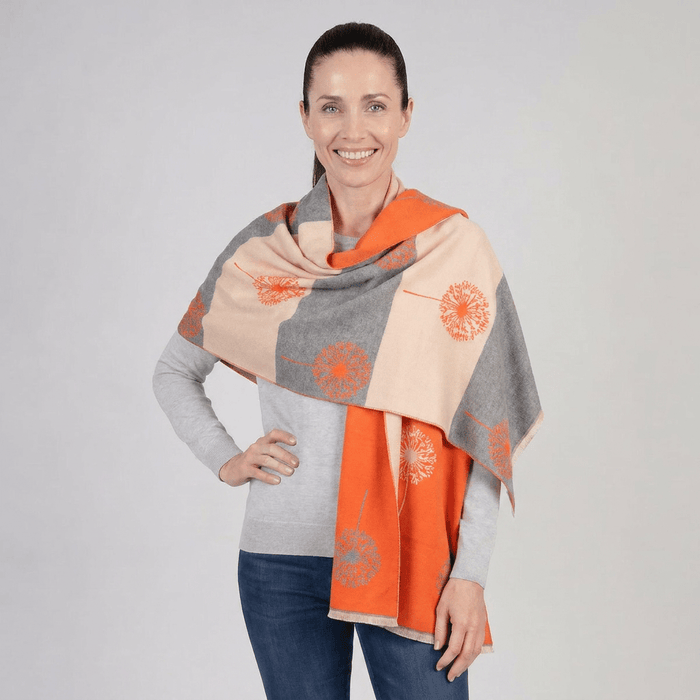 Ladies Grey Dandelion Print Reversible Stole Wrap - ORANGE - Heritage Of Scotland -