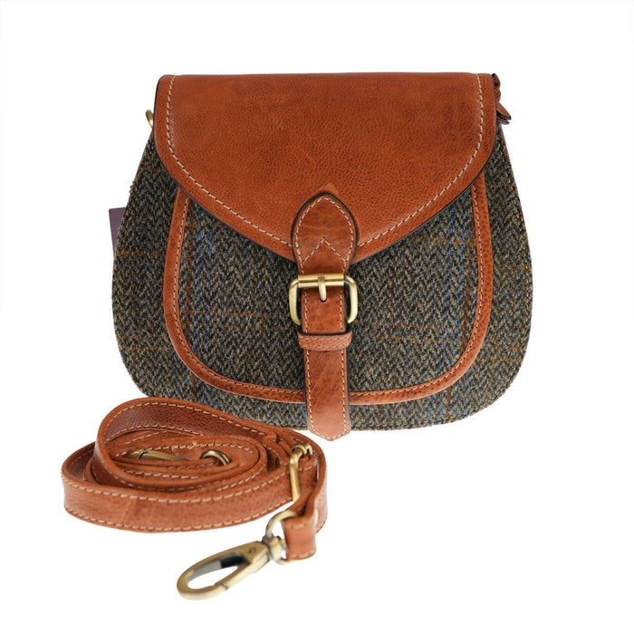 Ladies Harris Tweed and Leather Shoulder Bag - BLUE & BROWN CHECK HB / TAN - Heritage Of Scotland -
