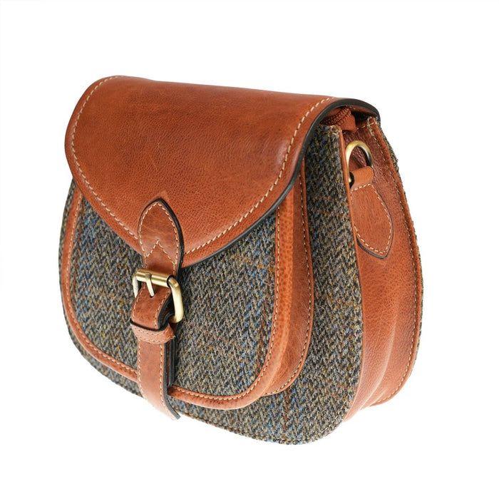 Ladies Harris Tweed and Leather Shoulder Bag - BLUE & BROWN CHECK HB / TAN - Heritage Of Scotland -