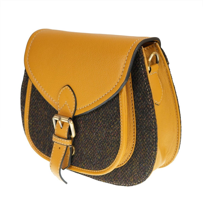 Ladies Harris Tweed and Leather Shoulder Bag - DARK BROWN BARLEYCORN / YELLOW - Heritage Of Scotland -