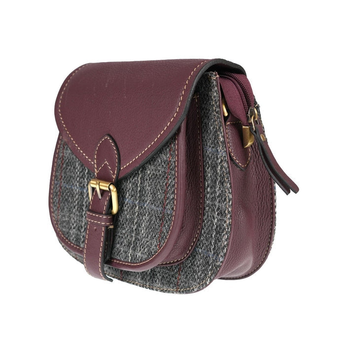 Ladies Harris Tweed and Leather Shoulder Bag - GREY & RED CHECK / MAROON - Heritage Of Scotland -