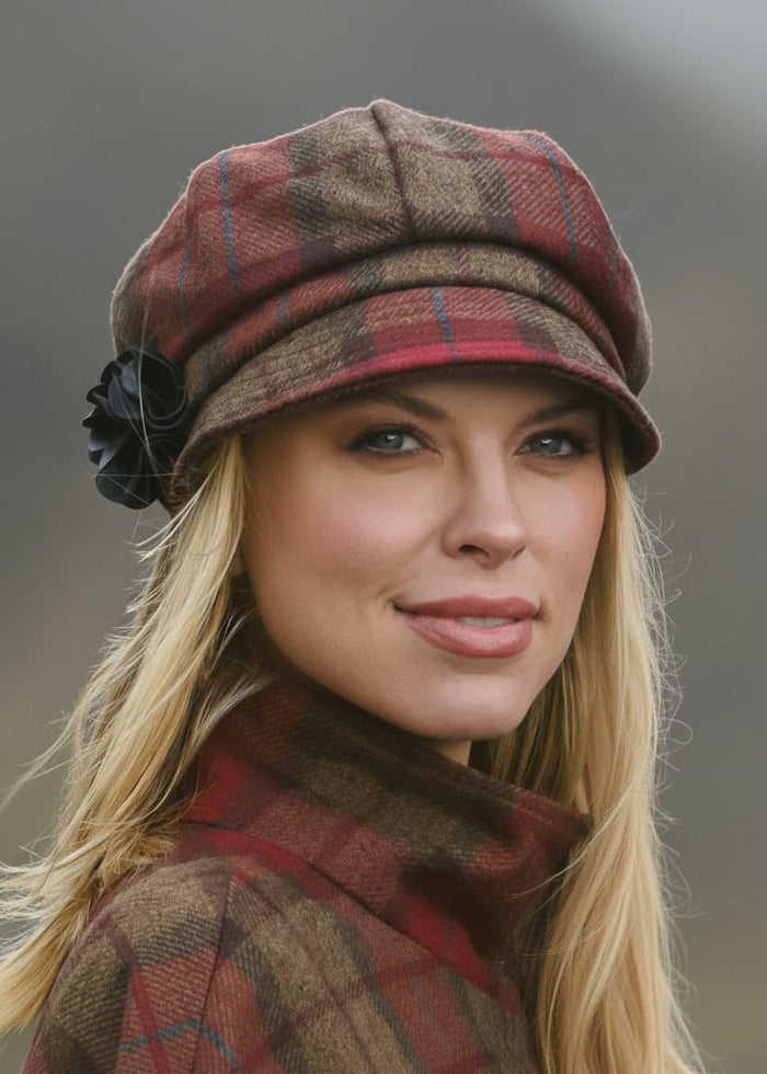 Ladies Mucros Newsboy Cap | Red Check Tweed