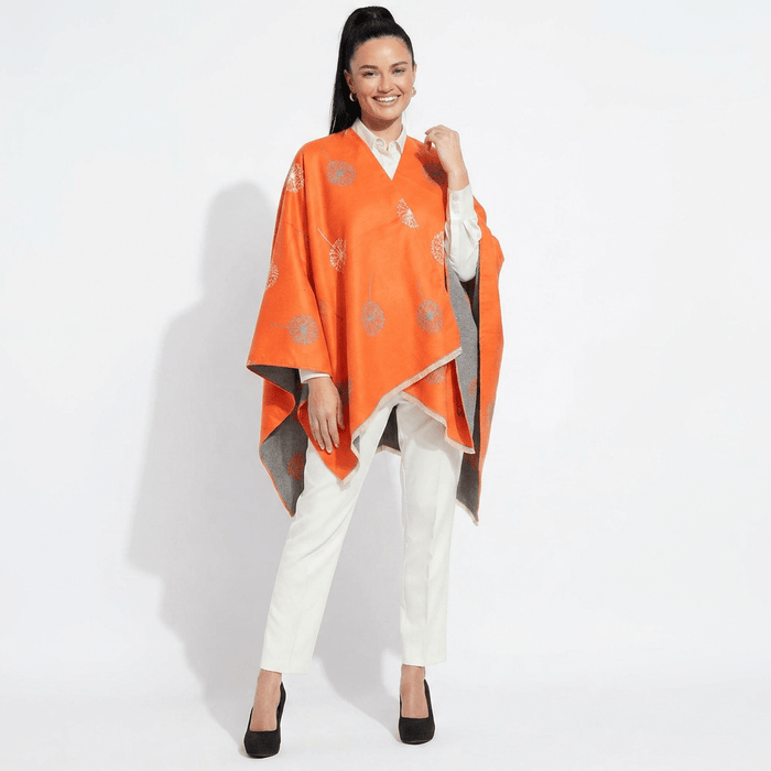 Ladies Orange Dandelion Print Reversible Cape Wrap - ORANGE - Heritage Of Scotland -