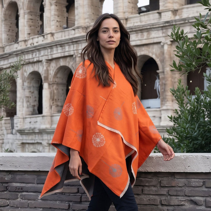 Ladies Orange Dandelion Print Reversible Cape Wrap - ORANGE - Heritage Of Scotland -