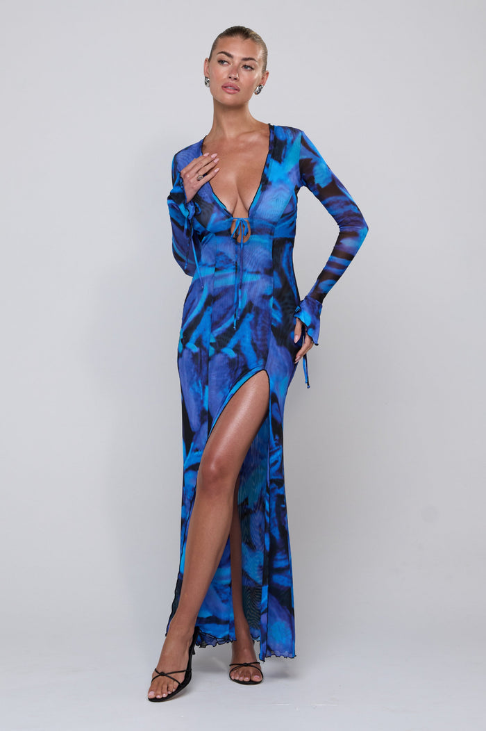 This is an image of Lennon Maxi in Lagoon - RESA featuring a model wearing the dress