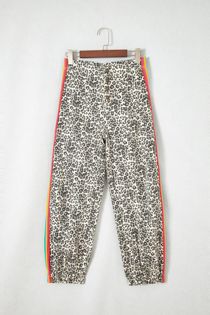 Leopard Print Rainbow Striped Detail Buttoned Loose Jogger Jeans – Brown