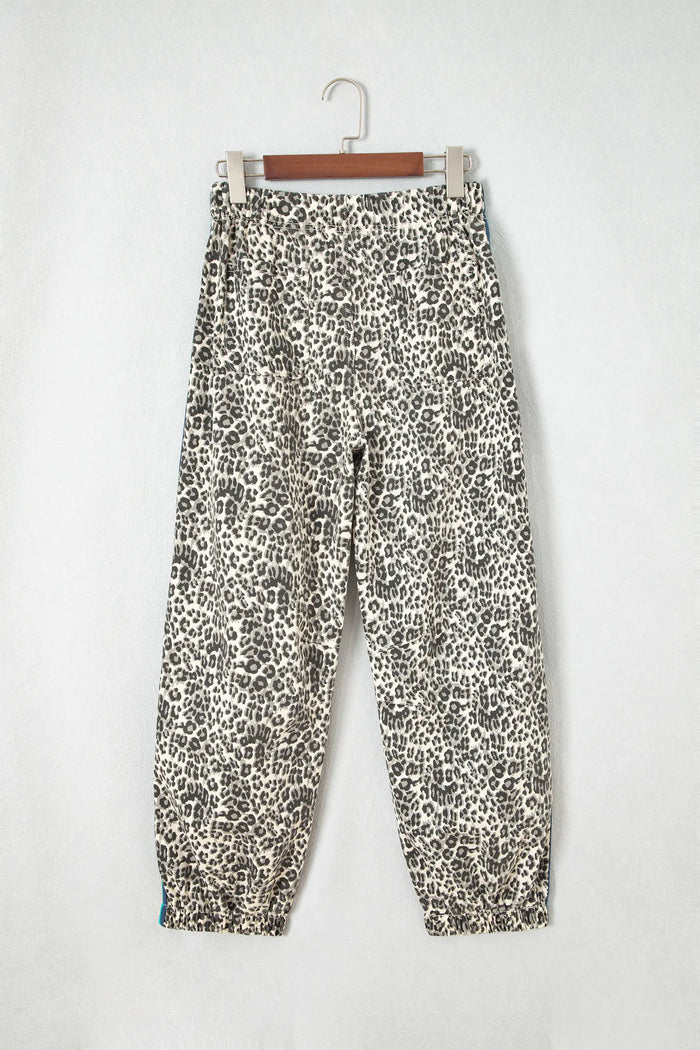 Leopard Print Rainbow Striped Detail Buttoned Loose Jogger Jeans – Brown