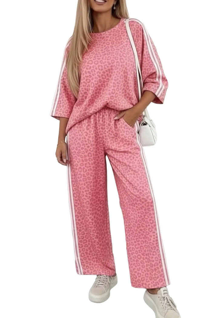 Leopard Print Varsity Striped Detail 3/4 Sleeve Top Shift Pant Set – Pink