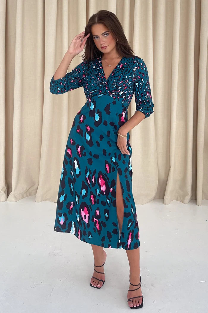 Lydia Midi Dress (Mixed Green Animal)