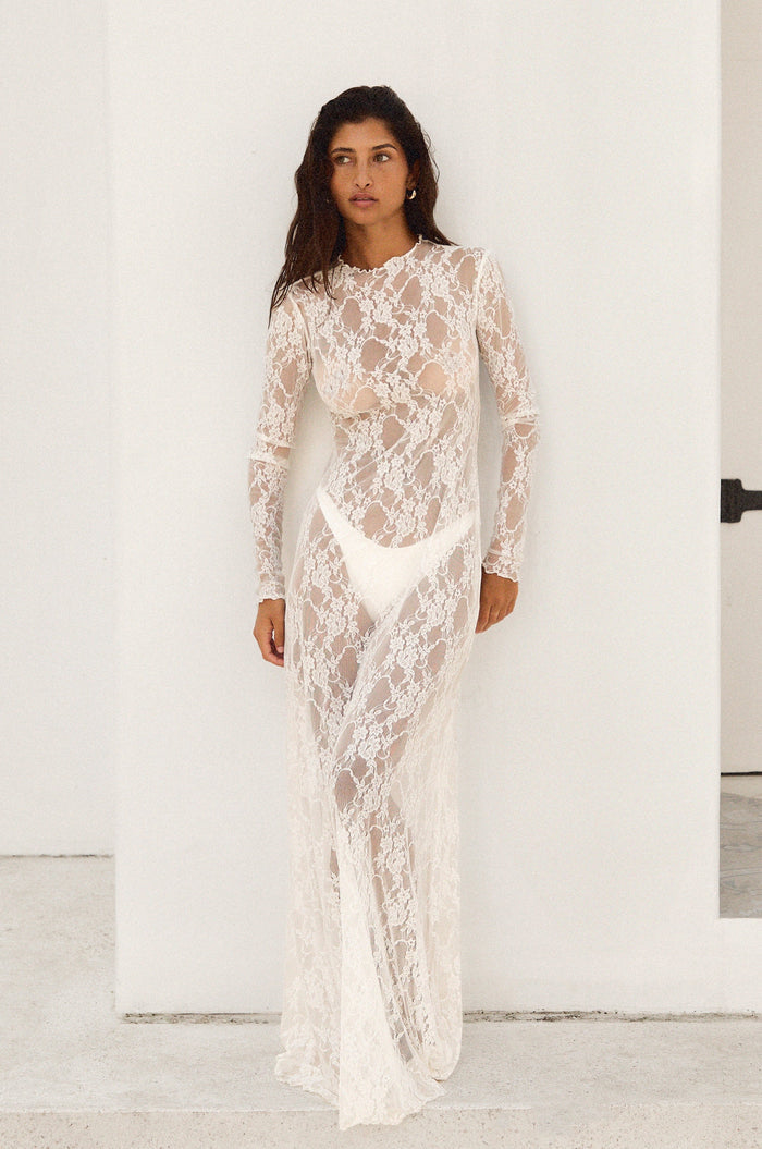 This is an image of Lyon Lace Dress in White Lace - RESA featuring a model wearing the dress